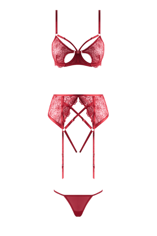 Rosalie Embroidered Lace Open-Cup Bra, Garter & G-String Set - Crimson Red