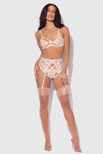 Rosalie Embroidered Lace Open-Cup Bra, Garter & G-String Set - Pearl Ivory