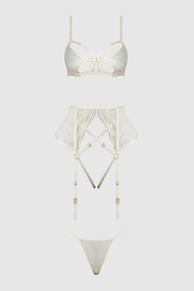 House of Desire Rosalie Embroidered Lace Open-Cup Bra, Garter & G-String Set - Pearl Ivory