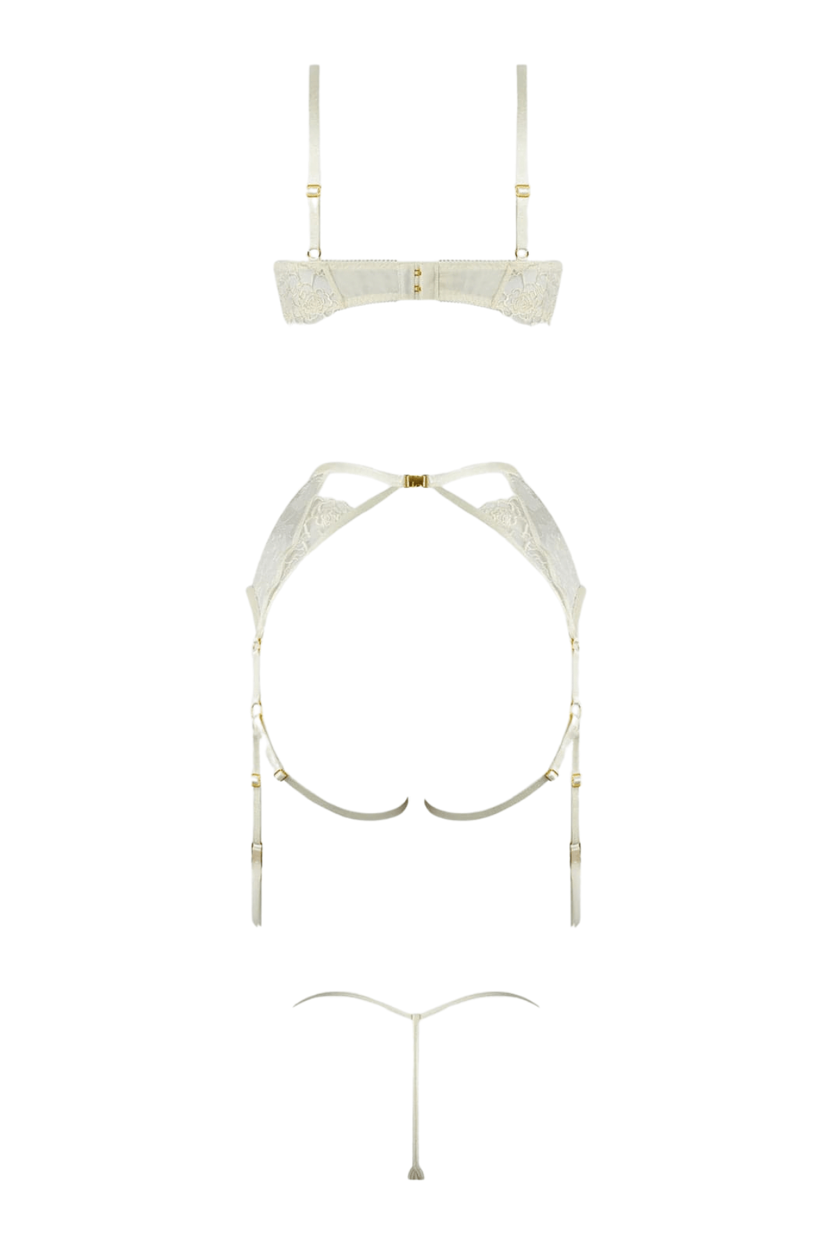 House of Desire Rosalie Embroidered Lace & Satin Open-Cup Bra, Garter Belt & G-String Set.