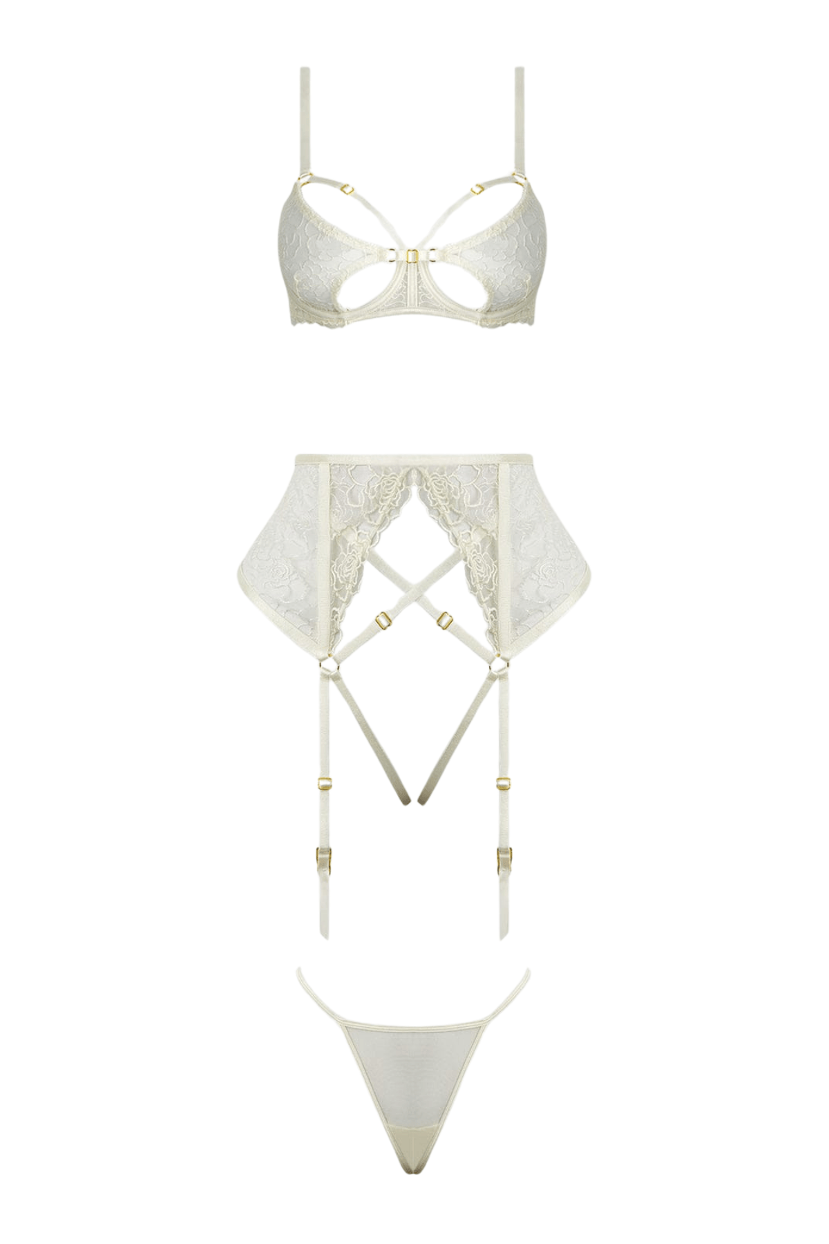 House of Desire Rosalie Embroidered Lace & Satin Open-Cup Bra, Garter Belt & G-String Set.