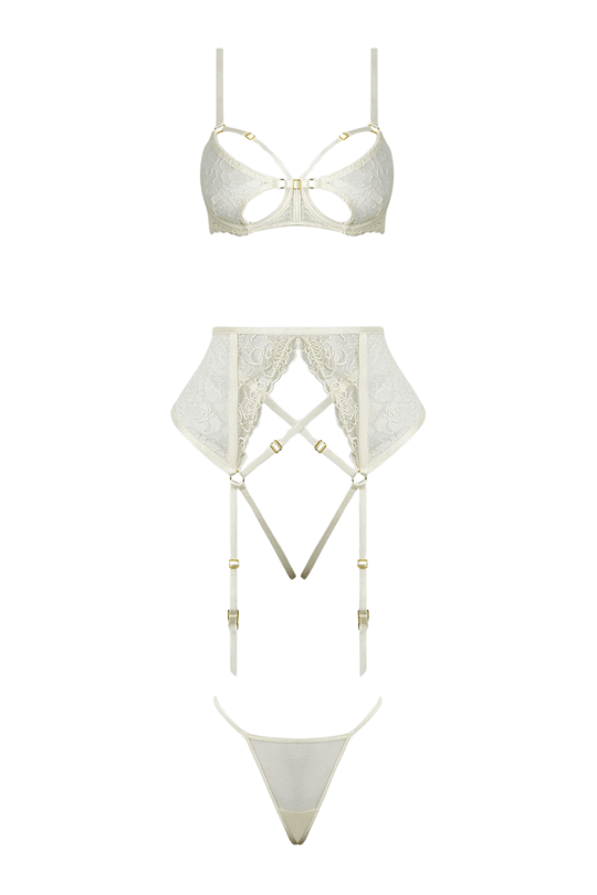 Rosalie Embroidered Lace & Satin Open-Cup Bra, Garter Belt & G-String Set.