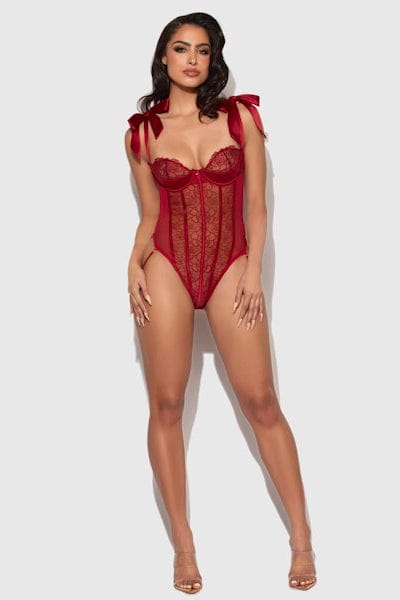 Rosalie Embroidered Lace Teddy - Crimson Red