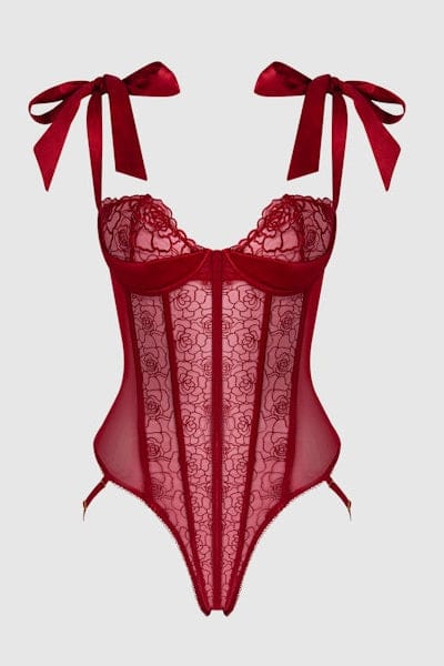 House of Desire Rosalie Embroidered Lace Teddy - Crimson Red