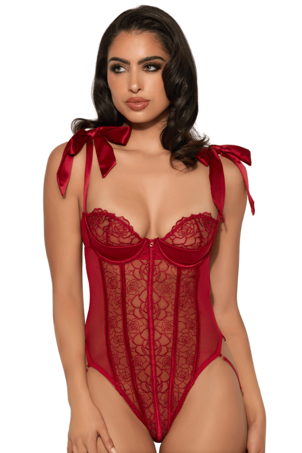 House of Desire Rosalie Embroidered Lace Teddy - Crimson Red