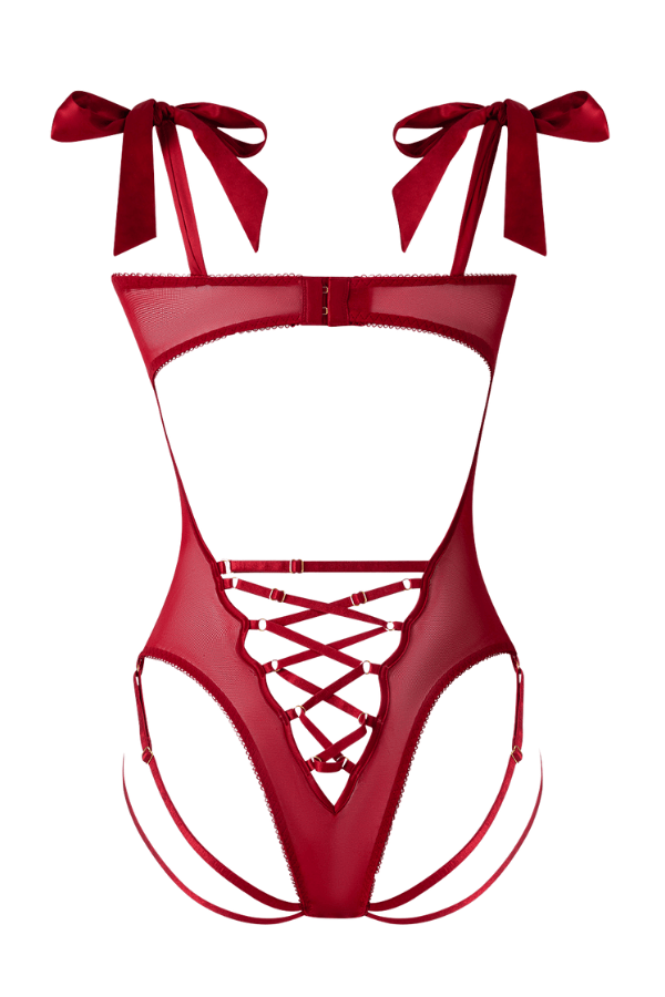 House of Desire Rosalie Embroidered Lace Teddy - Crimson Red