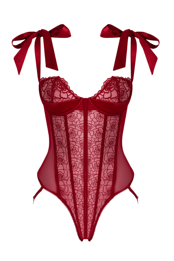 House of Desire Rosalie Embroidered Lace Teddy - Crimson Red