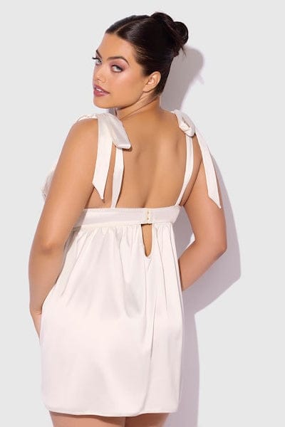 House of Desire Rosalie Satin & Embroidered Lace Babydoll & G-String Set - Pearl Ivory