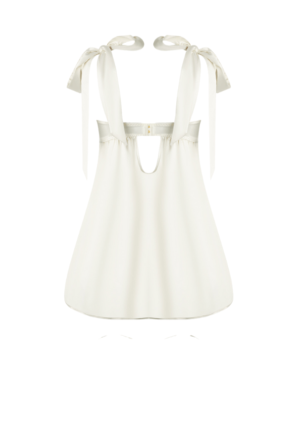 House of Desire Rosalie Satin & Embroidered Lace Babydoll & G-String Set - Pearl Ivory