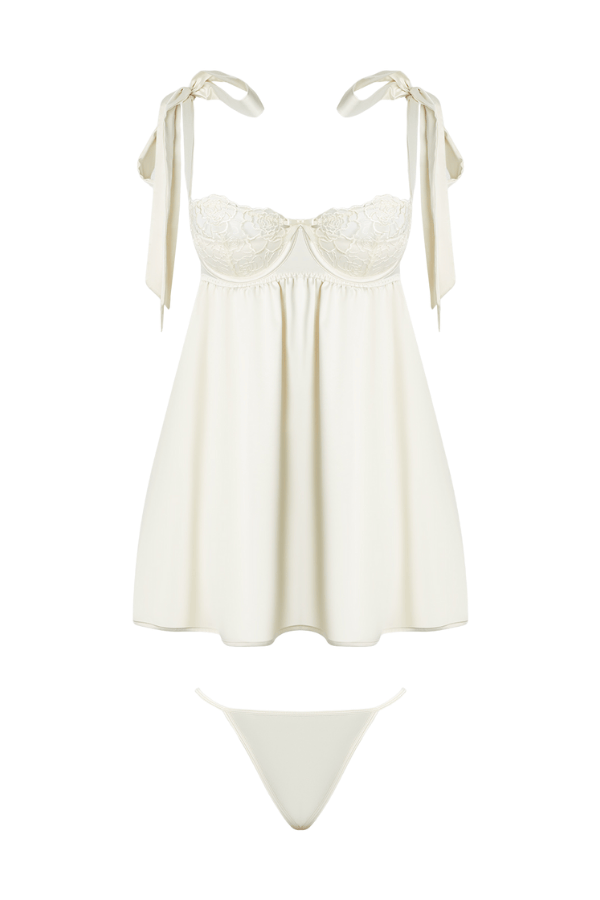 House of Desire Rosalie Satin & Embroidered Lace Babydoll & G-String Set - Pearl Ivory