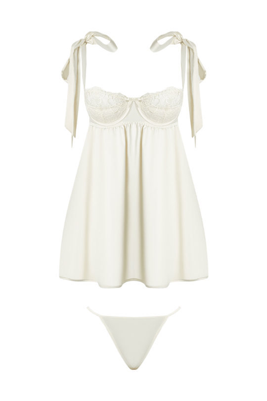 Rosalie Satin & Embroidered Lace Babydoll & G-String Set - Pearl Ivory