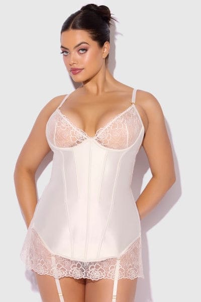 House of Desire Rosalie Satin & Embroidered Lace Chemise & G-String Set Ivory