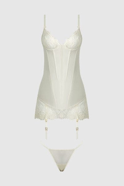 House of Desire Rosalie Satin & Embroidered Lace Chemise & G-String Set Ivory