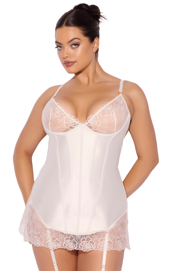 House of Desire Rosalie Satin & Embroidered Lace Chemise & G-String Set Ivory