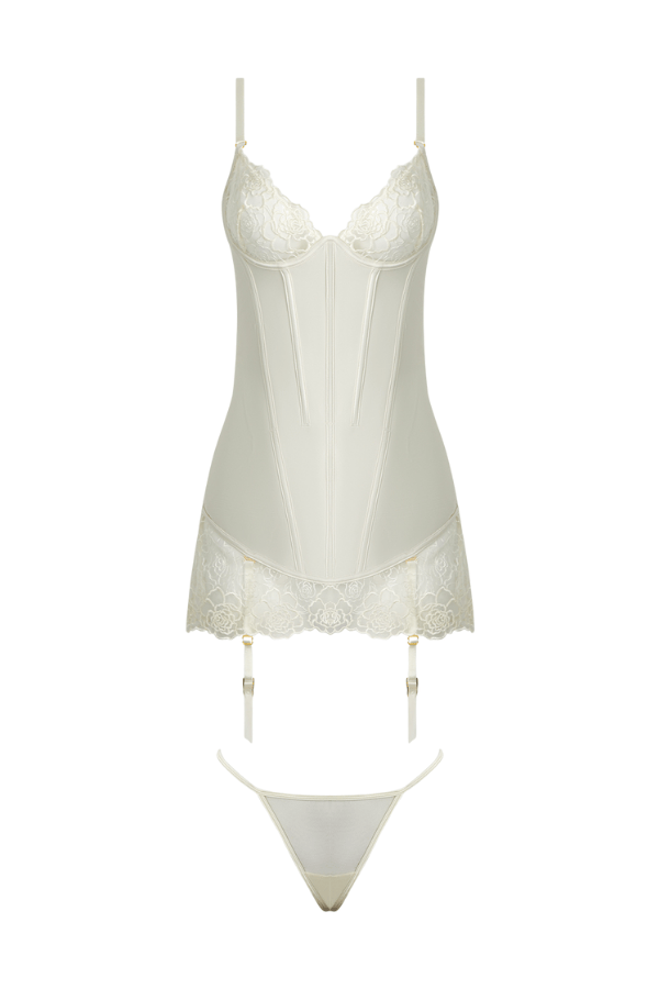 House of Desire Rosalie Satin & Embroidered Lace Chemise & G-String Set Ivory