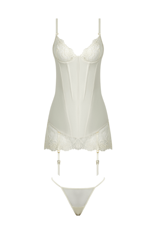Rosalie Satin & Embroidered Lace Chemise & G-String Set Ivory