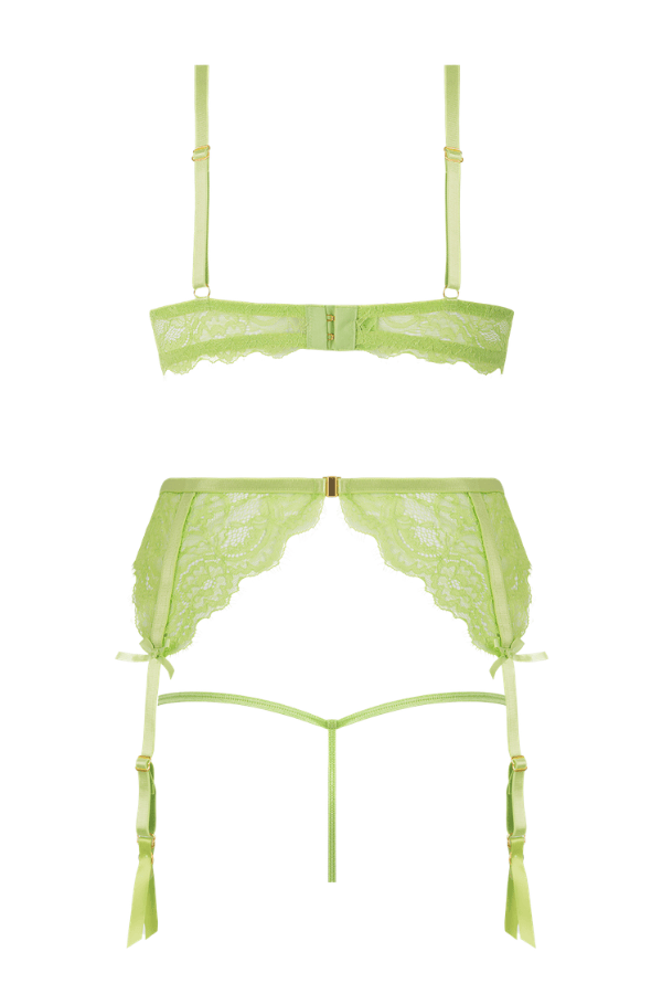 House of Desire Shavon Lace Bra, Garter & Thong Set - Lime Green