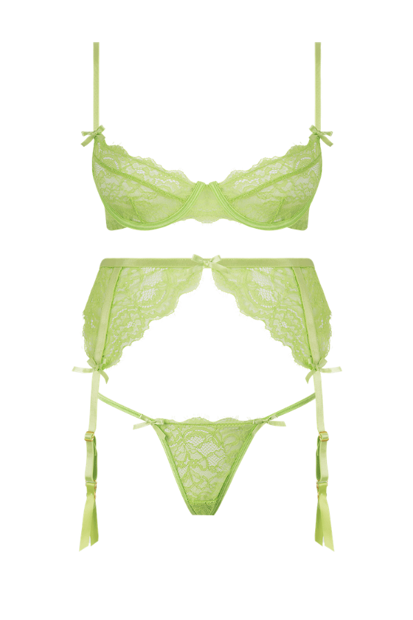 House of Desire Shavon Lace Bra, Garter & Thong Set - Lime Green