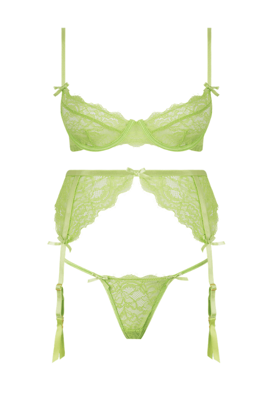 Shavon Lace Bra, Garter & Thong Set - Lime Green