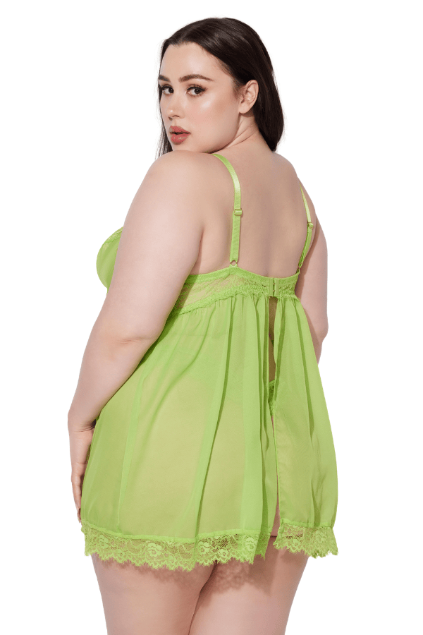 House of Desire Shavon Lace & Chiffon Babydoll & G-String Set - Lime Green