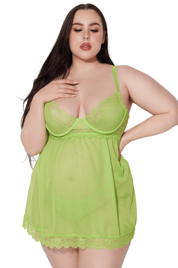House of Desire Shavon Lace & Chiffon Babydoll & G-String Set - Lime Green