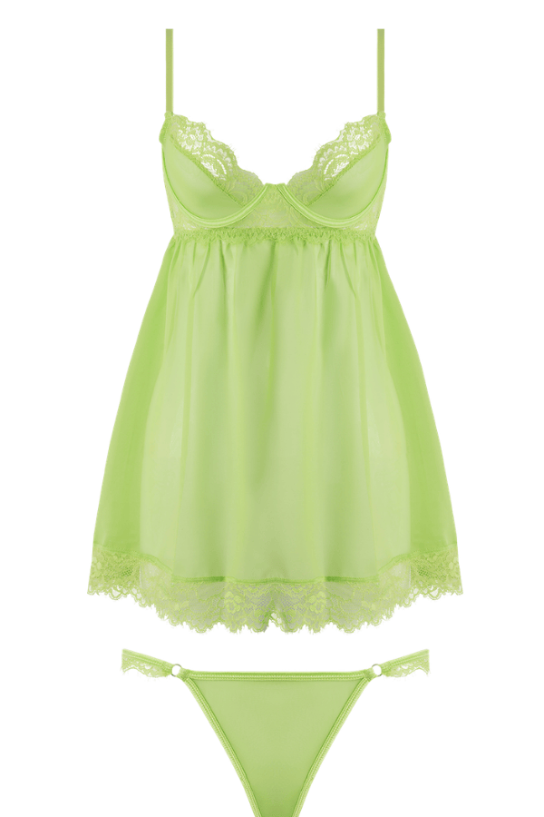 House of Desire Shavon Lace & Chiffon Babydoll & G-String Set - Lime Green