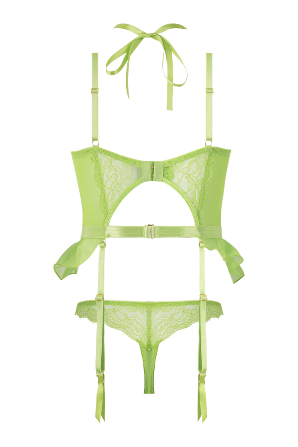 House of Desire Shavon Lace & Chiffon Bustier & Thong Set - Lime Green