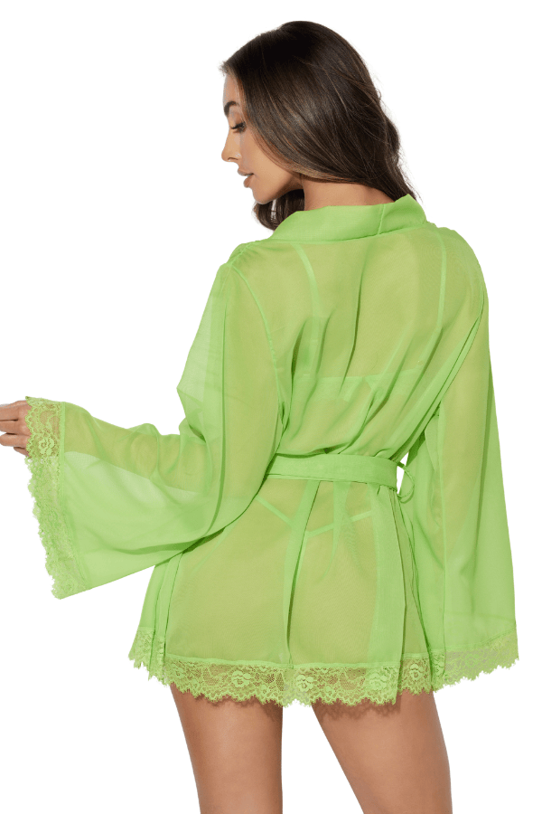House of Desire Shavon Lace & Chiffon Robe, Bralette & G-String Set - Lime Green