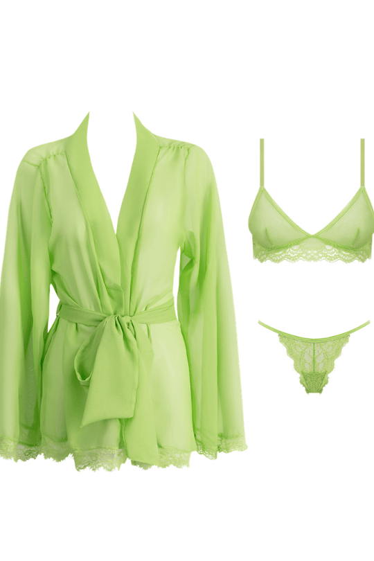 Shavon Lace & Chiffon Robe, Bralette & G-String Set - Lime Green