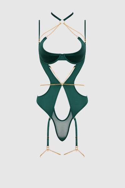 House of Desire Teddy Evangeline Satin & Chain Halter Teddy - Green