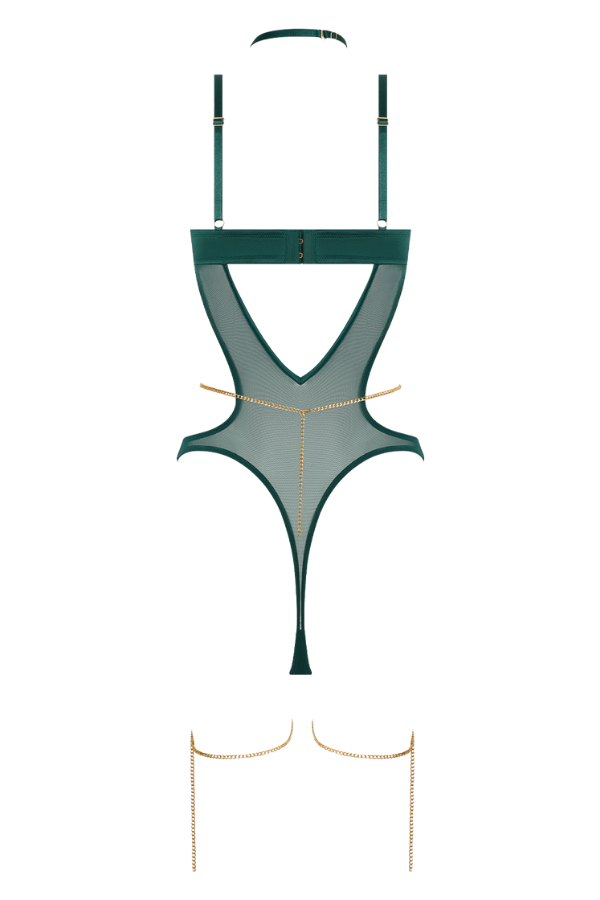 House of Desire Teddy Evangeline Satin & Chain Halter Teddy - Green