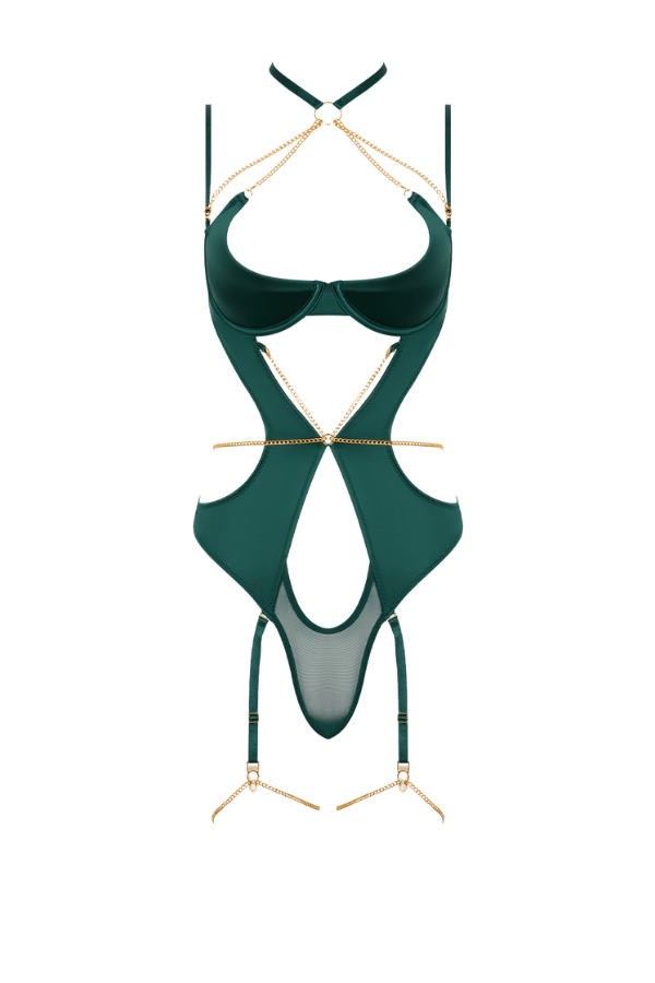 House of Desire Teddy Evangeline Satin & Chain Halter Teddy - Green