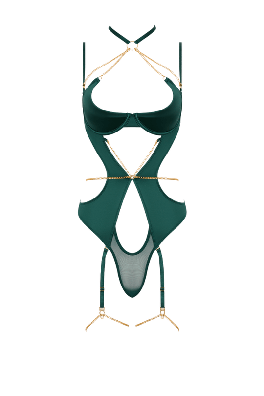 Evangeline Satin & Chain Halter Teddy - Green
