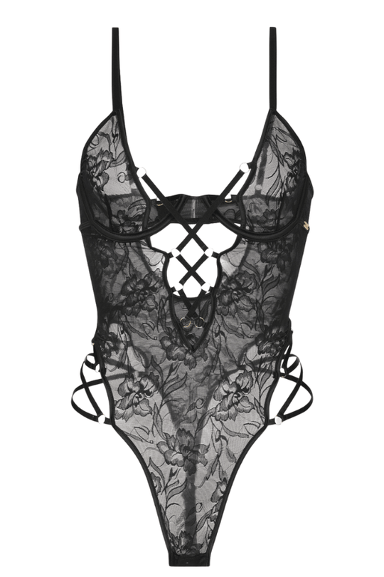 Flora Strappy Lace Teddy Black