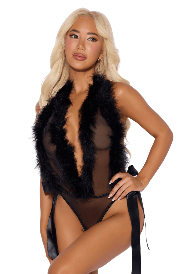 House of Desire Teddy Marilyn Marabou & Mesh Plunge Teddy Black