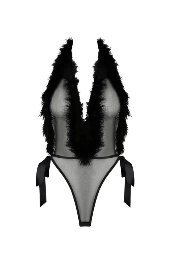 House of Desire Teddy Marilyn Marabou & Mesh Plunge Teddy Black