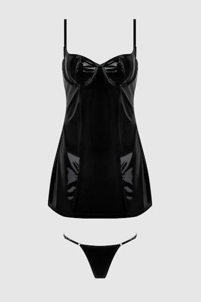 House of Desire Trinity Patent Chemise & G-String Set - Black