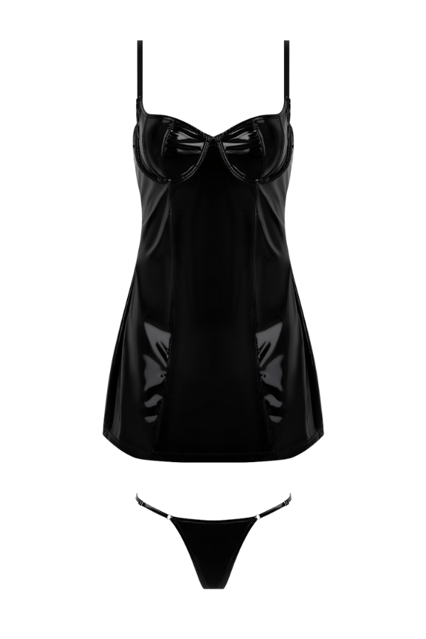 House of Desire Trinity Patent Chemise & G-String Set - Black