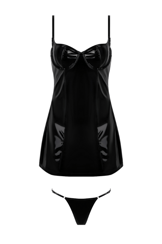 Trinity Patent Chemise & G-String Set - Black