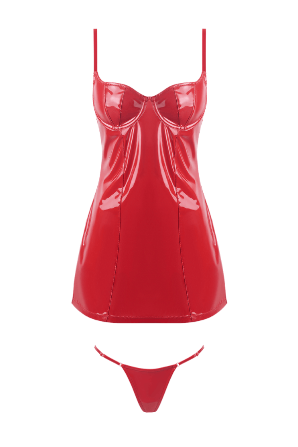 House of Desire Trinity Patent Chemise & G-String Set - Red