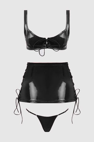 House of Desire Trinity Patent Lace Up Bralette, Skirt & G-String Set - Black