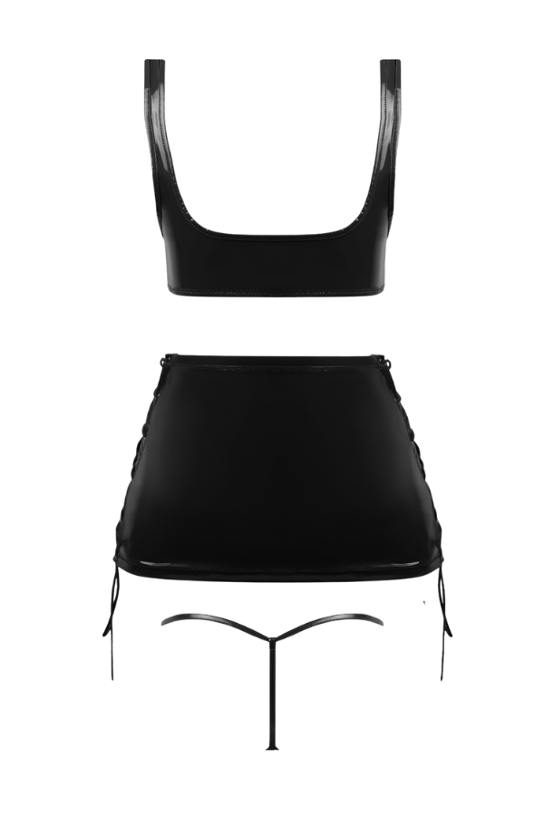 House of Desire Trinity Patent Lace Up Bralette, Skirt & G-String Set - Black
