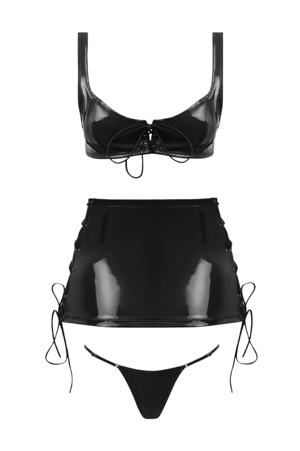 House of Desire Trinity Patent Lace Up Bralette, Skirt & G-String Set - Black