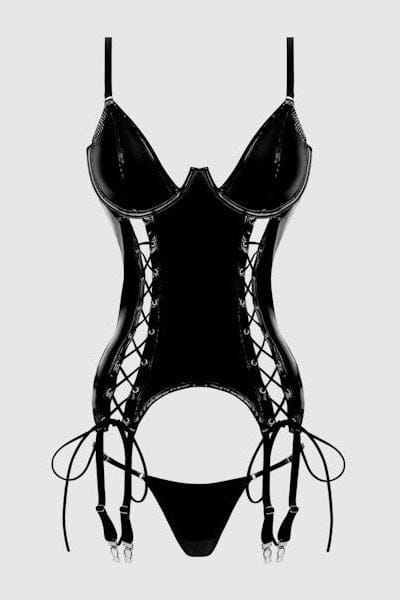 House of Desire Trinity Patent Lace Up Bustier & G-String Set - Black