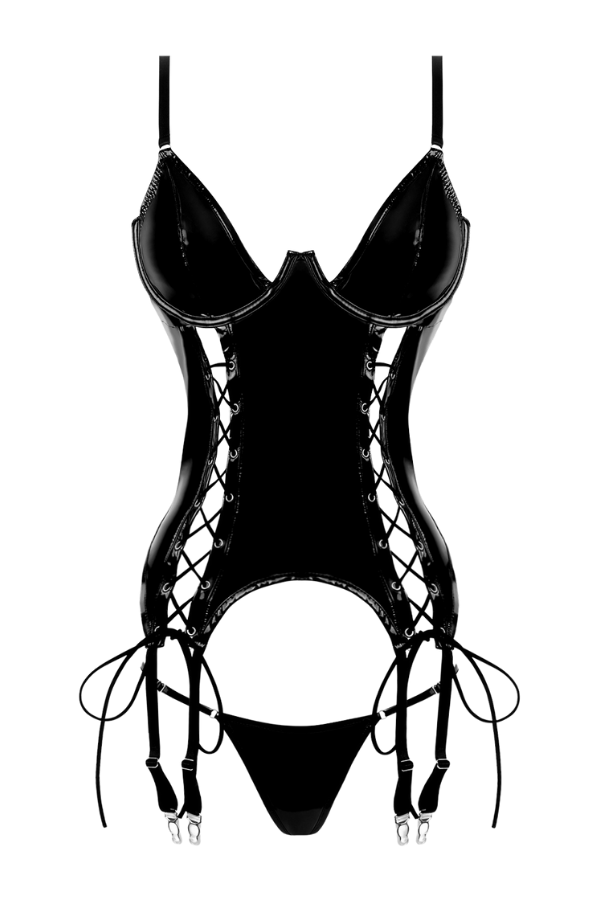 House of Desire Trinity Patent Lace Up Bustier & G-String Set - Black