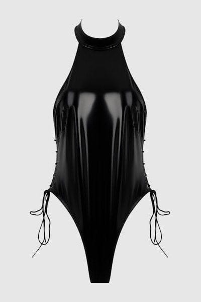 House of Desire Trinity Patent Lace Up Halter Teddy - Black