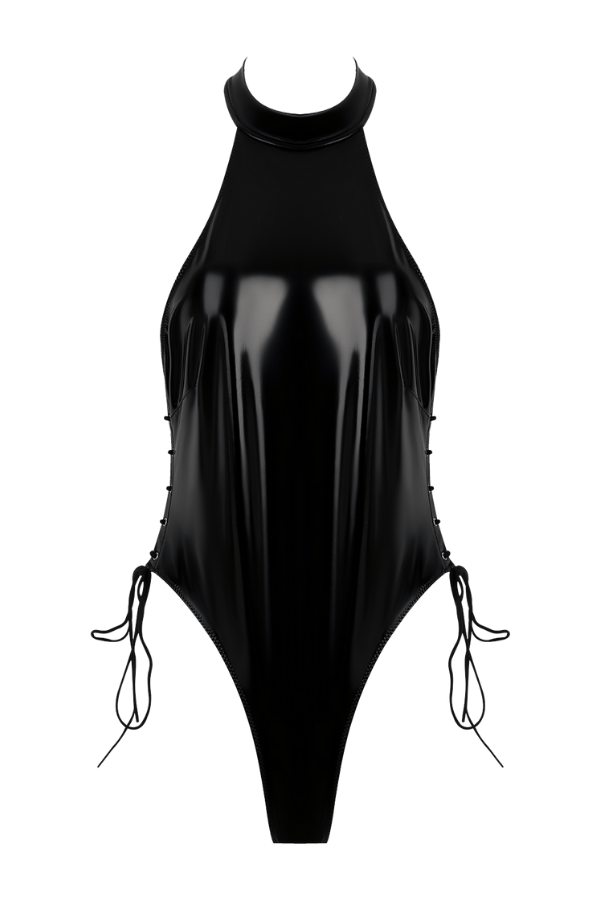 House of Desire Trinity Patent Lace Up Halter Teddy - Black