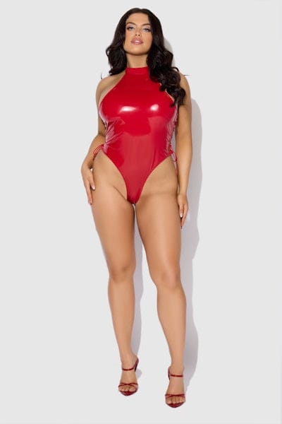 House of Desire Trinity Patent Lace Up Halter Teddy - Red