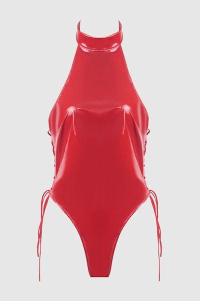 House of Desire Trinity Patent Lace Up Halter Teddy - Red