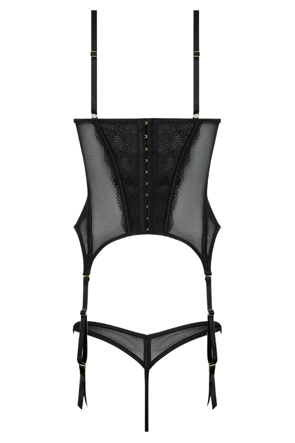 House of Desire Vivienne Lace & Mesh Bustier & G-String Set - Black